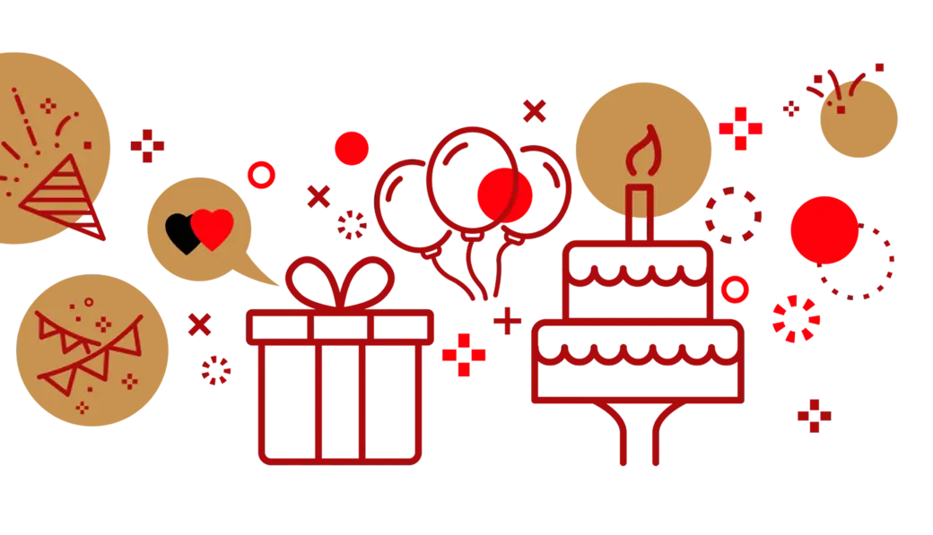 100 years of Doppelherz. The image features a festive scene with a birthday cake topped with a candle, a wrapped gift, and colorful balloons, surrounded by celebratory decorations like confetti and party hats. It evokes a joyful celebration atmosphere.